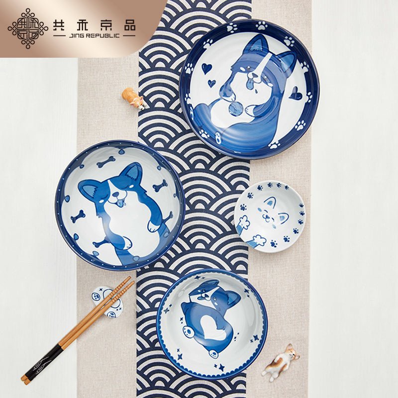 Corgi for one person ceramic tableware hand painted underglaze dishes and plates bowl and chopsticks 6-piece set non-Jingdezhen - CokMaster