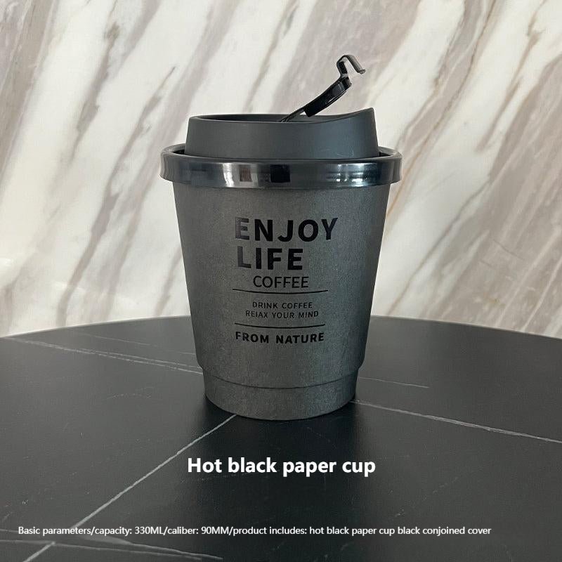 Disposable Coffee Cup Hot American Latte Milk Tea Drinks Hot Black Paper Cup With Lid Commercial Take Out Take Away Customization - CokMaster